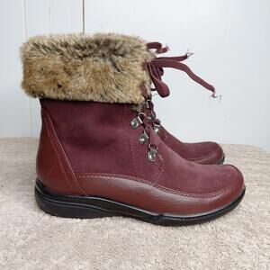 Clarks Shoes Womens 7.5 Kearns Ramsey Booties Burgundy Faux Fur Leather Nubuck